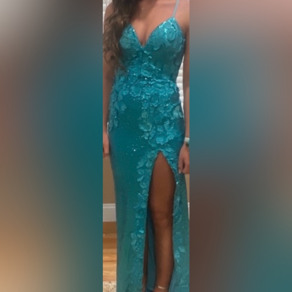 Jovani Turquoise sequin Floral Prom Dress